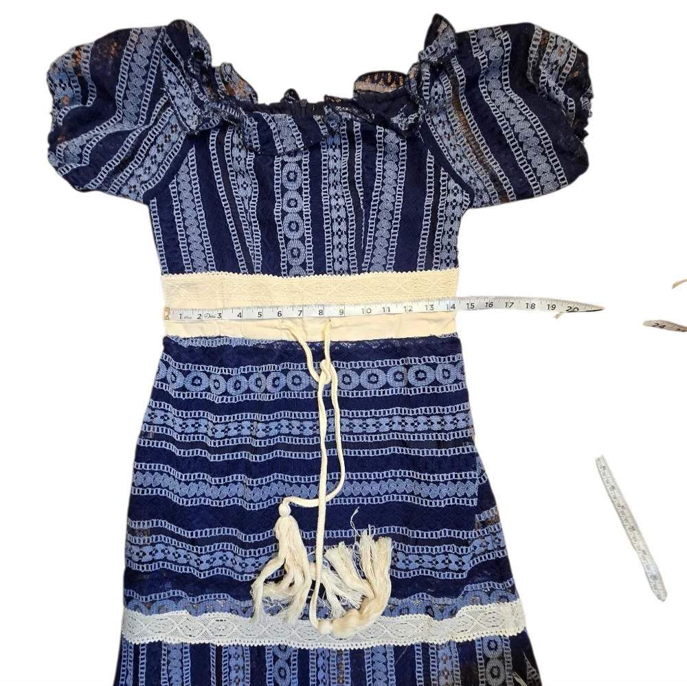 Malta Blue Lace Maxi Dress | Puff Sleeve Boho Cottagecore | Size M - Picture 6 of 7